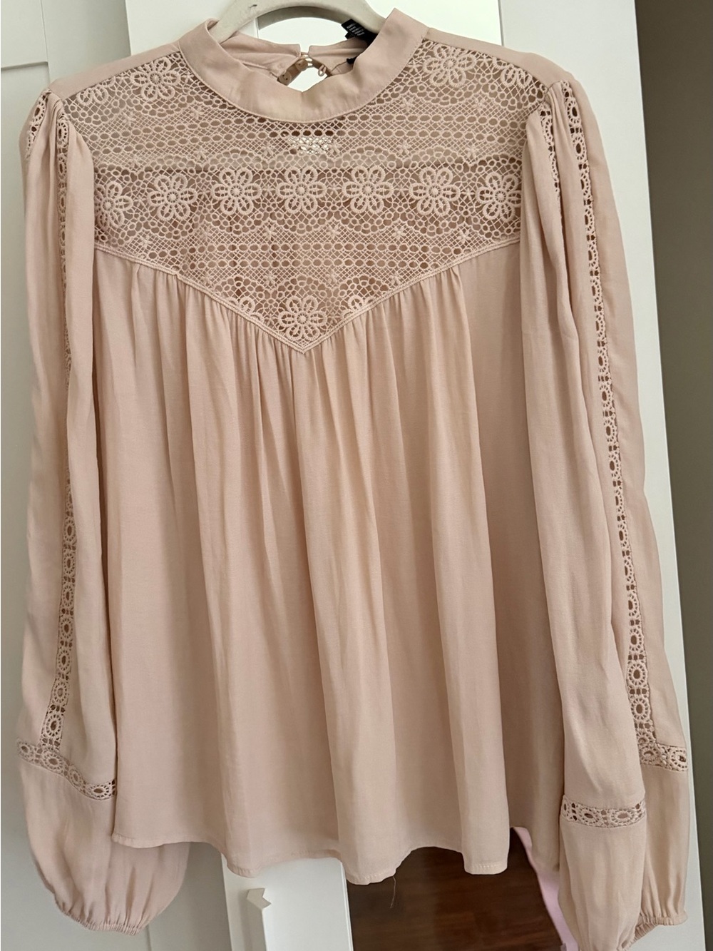 Forever 21 Blush Pink Lace Yoke High Neck Blouse